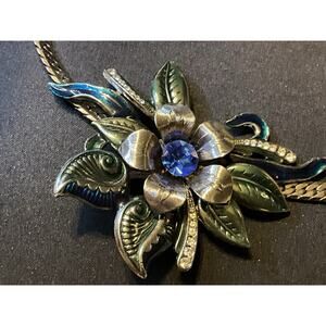 Art Nouveau Silver Tone Floral Necklace Blue Gemstone, Rhinestone 17in